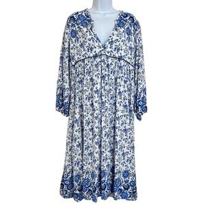 R. Vivimos Floral Bohemian Midi Peasant Dress Size XL Blue White